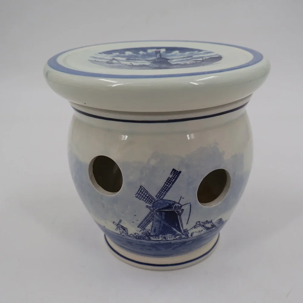 Delft-Blauw Garlic Cellar Pot Blue White Handpainted Windmill Made in Holland